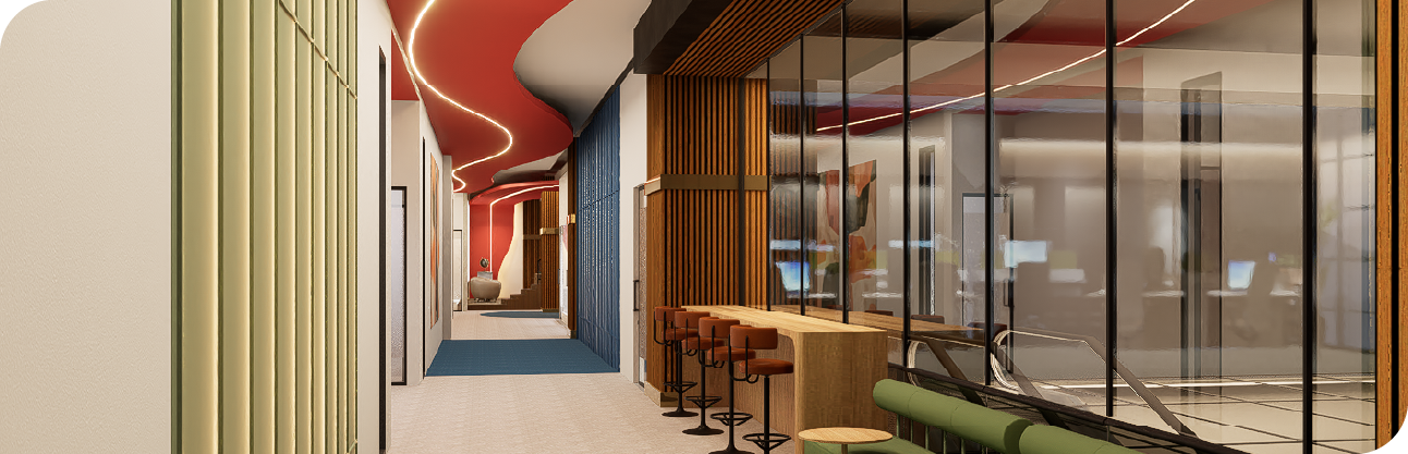 Flexi chair and desks in coworking space corridor