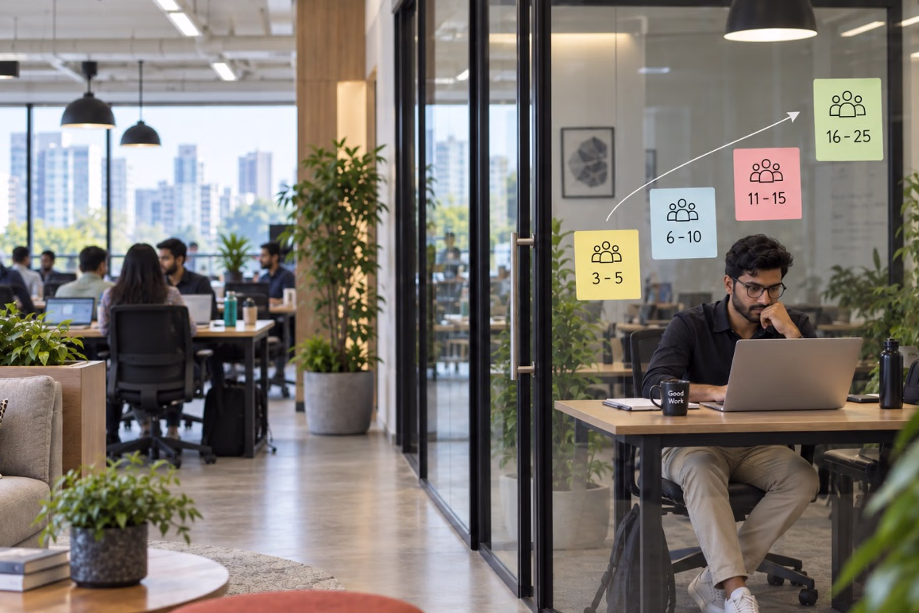 Collaborative team is working in customisable office space