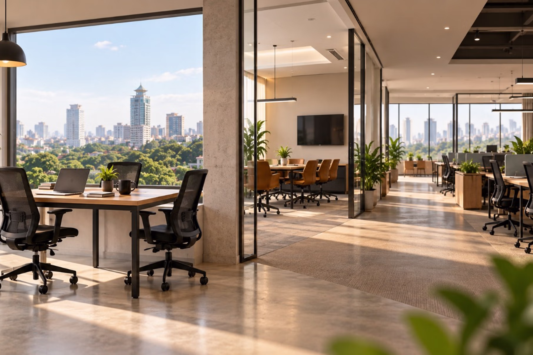 Managed Office Space in Bangalore with open workstations, meeting room and city views