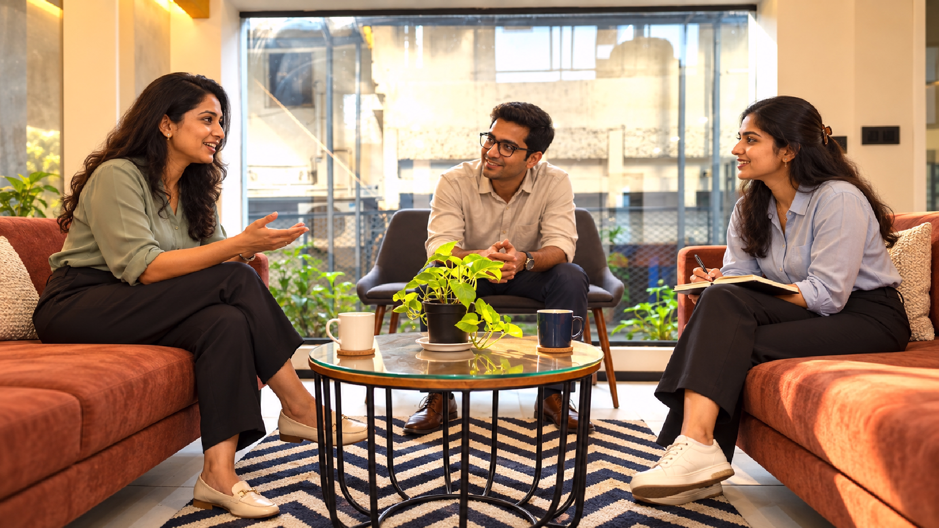Employees brainstorming and working together in a meeting room for hybrid teams