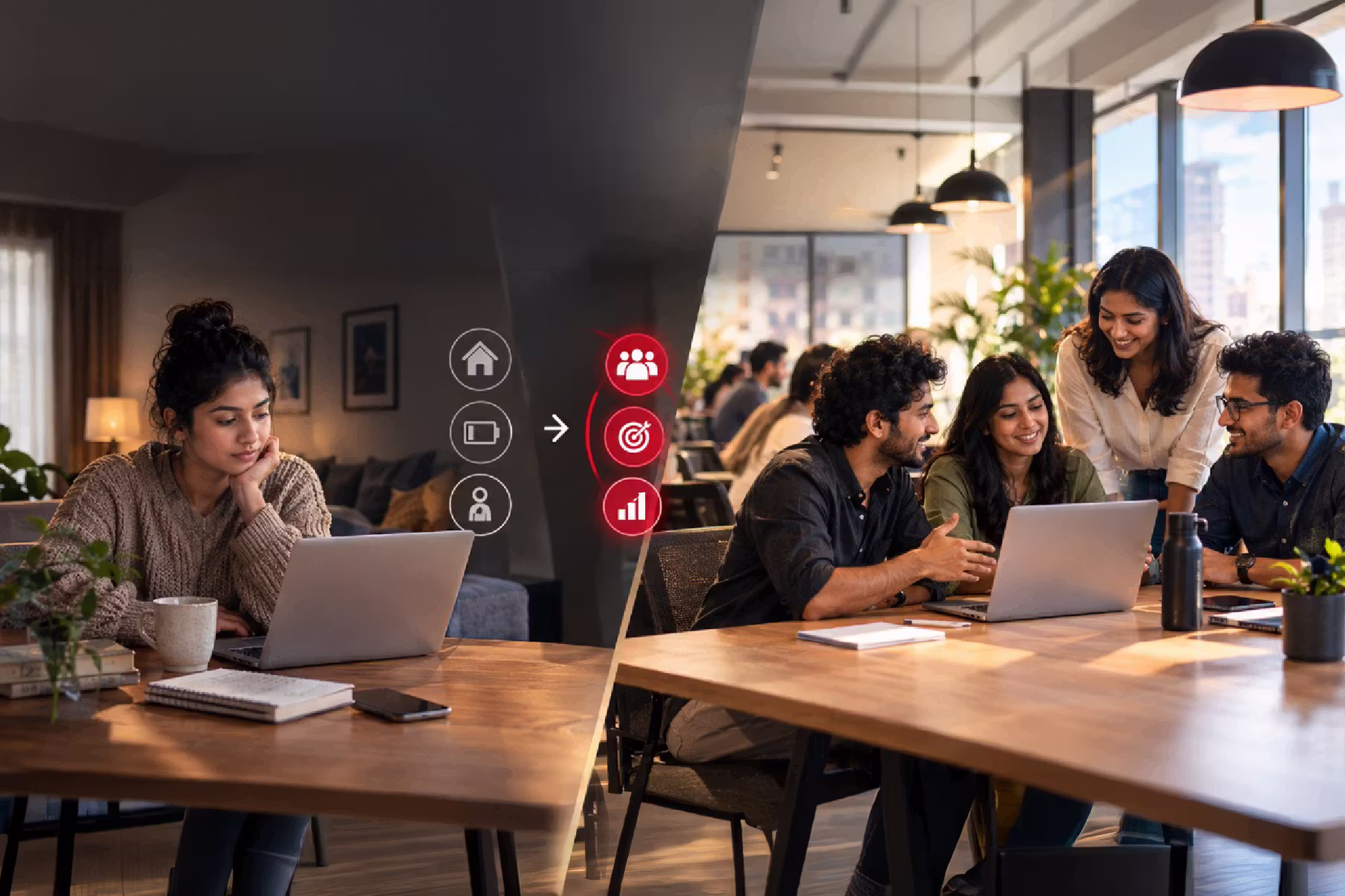 Hybrid team collaborating in a professional coworking workspace in Bangalore