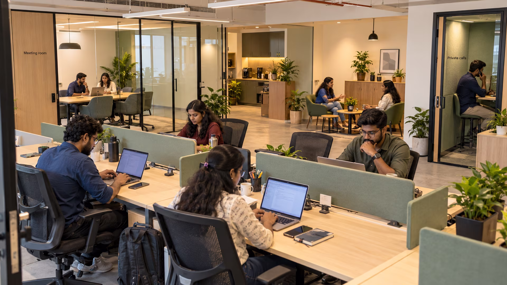 Office workspace layout with desks meeting rooms and collaboration areas
