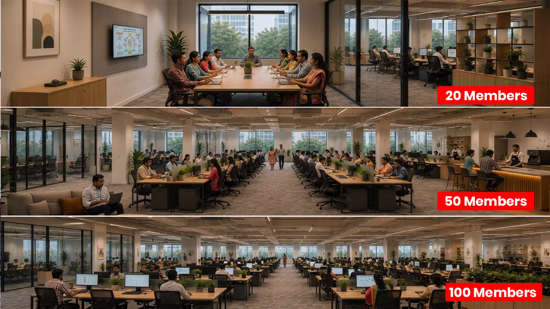 Office size planning for 20 50 and 100 person teams