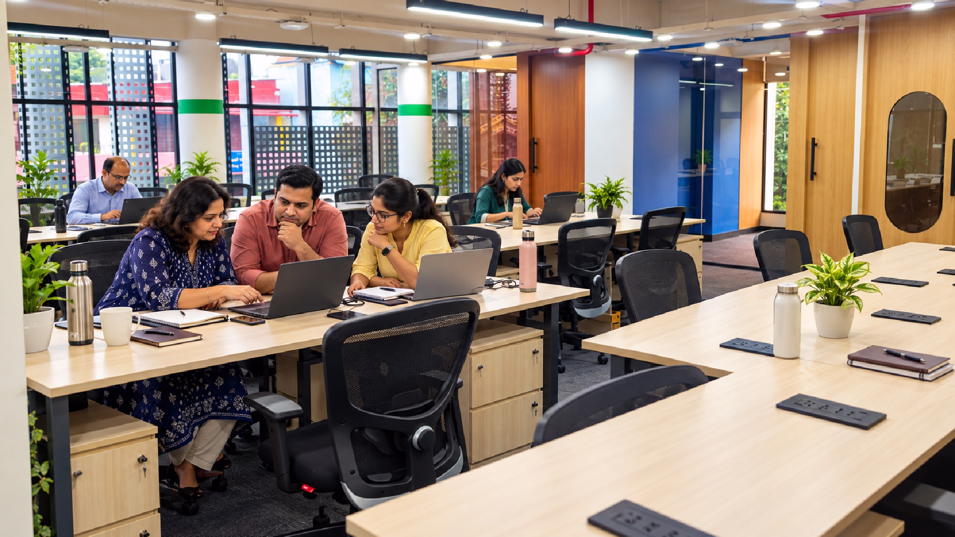 Startup team working in a fully furnished plug and play office space in Bangalore