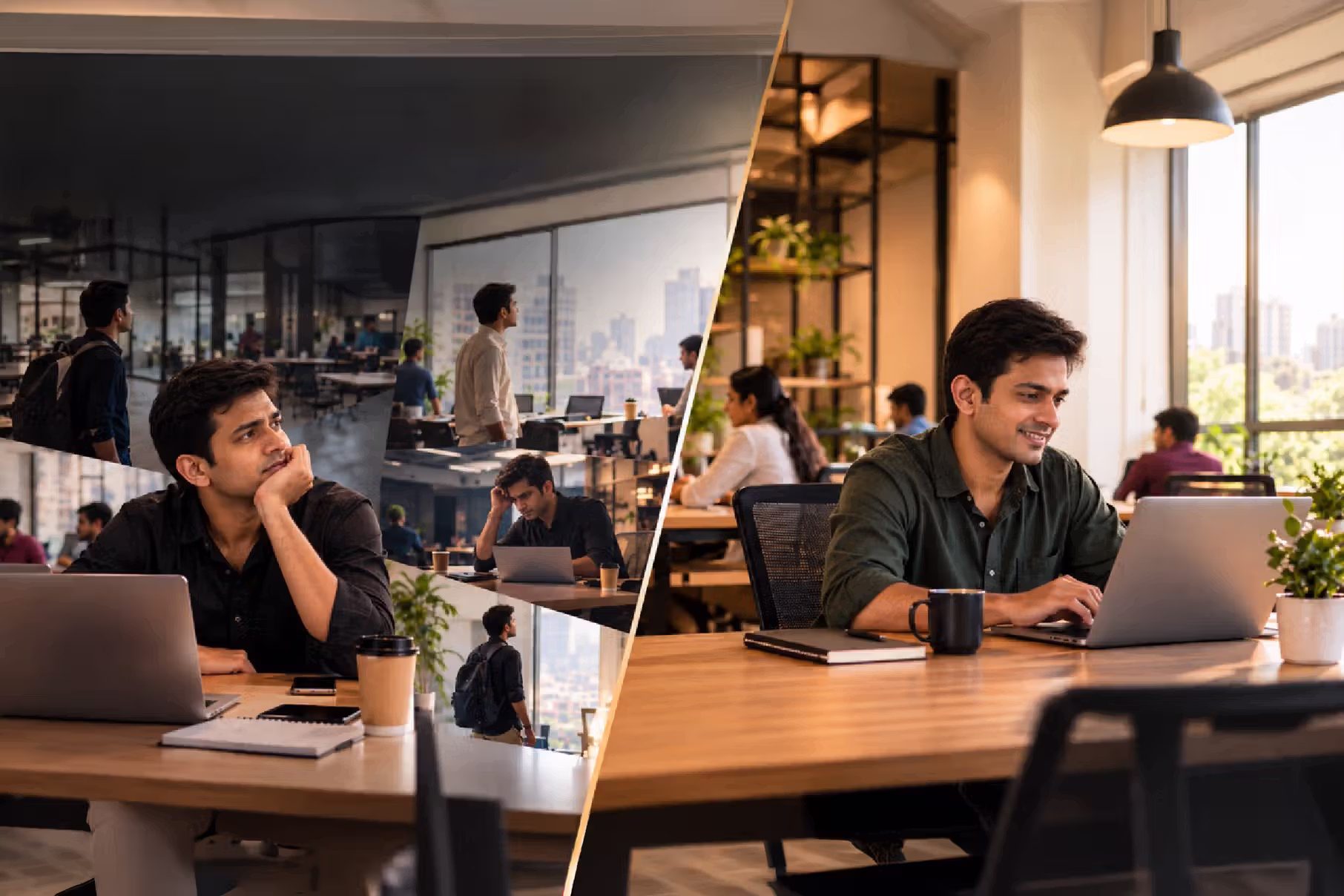 Founder working confidently in a well-organised workspace after finding the right office environment