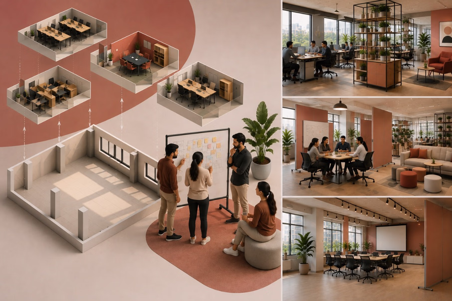 Collaborative team is working in customisable office space