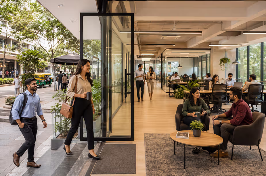 Employees are discussing in a meeting room in a well-accessible coworking space.