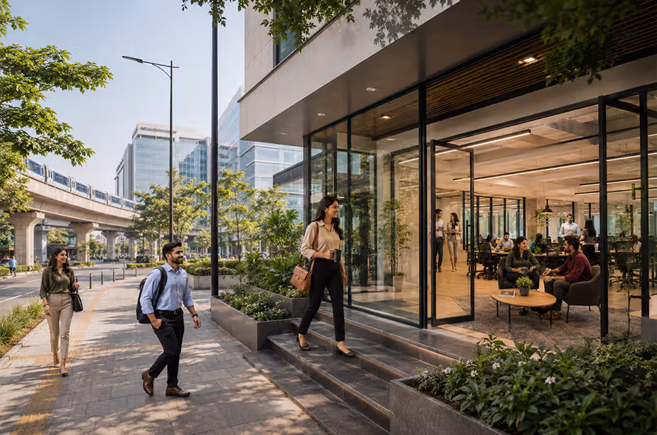 Employees are getting late for the office on the left, and office space for lease is on the right.