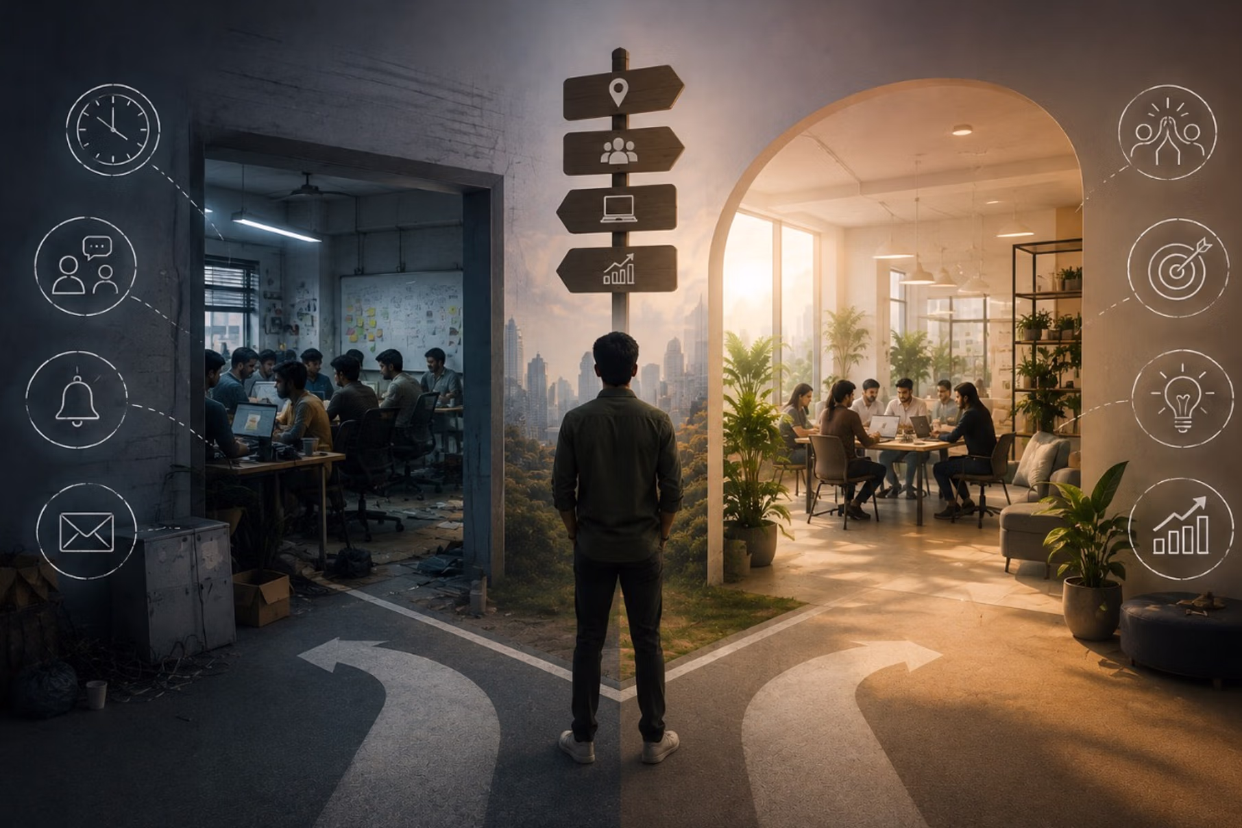 People are working in a managed office space with greenery