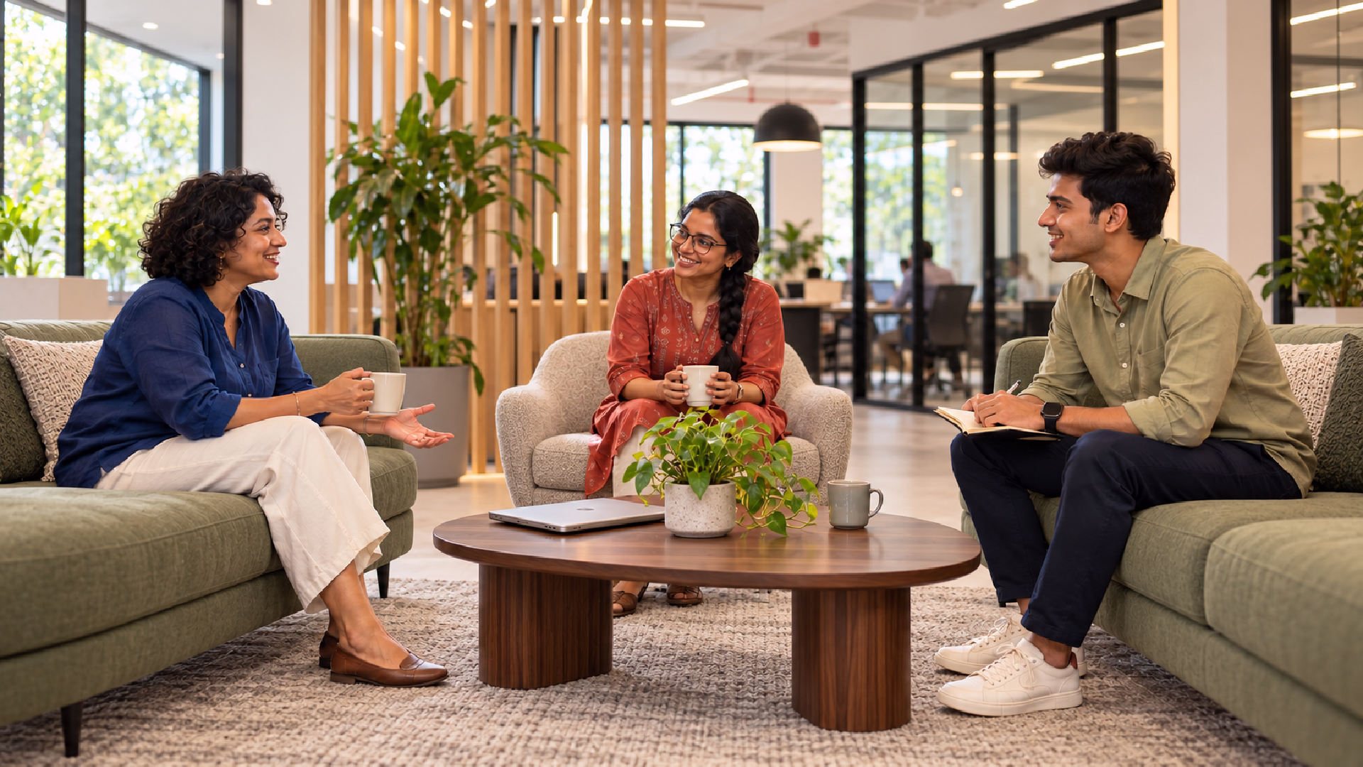 Hybrid team collaborating in a flexible workspace designed for focus and team connection